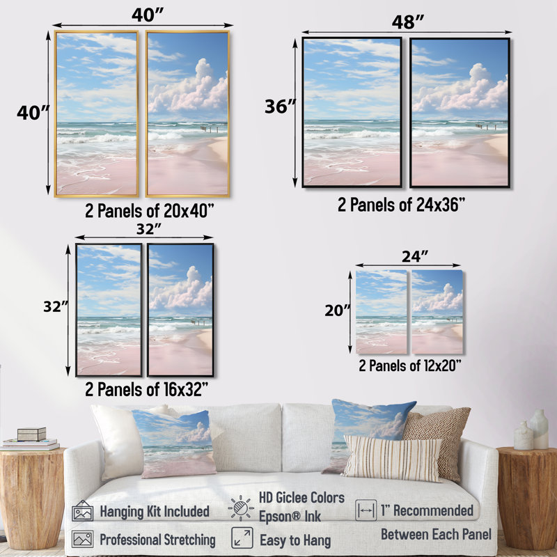 «Pink Minimalisme Beach Landscape III» - impressions nautiques sur toile 2 panneaux, H 36 po x l 48 po, Toile tendue