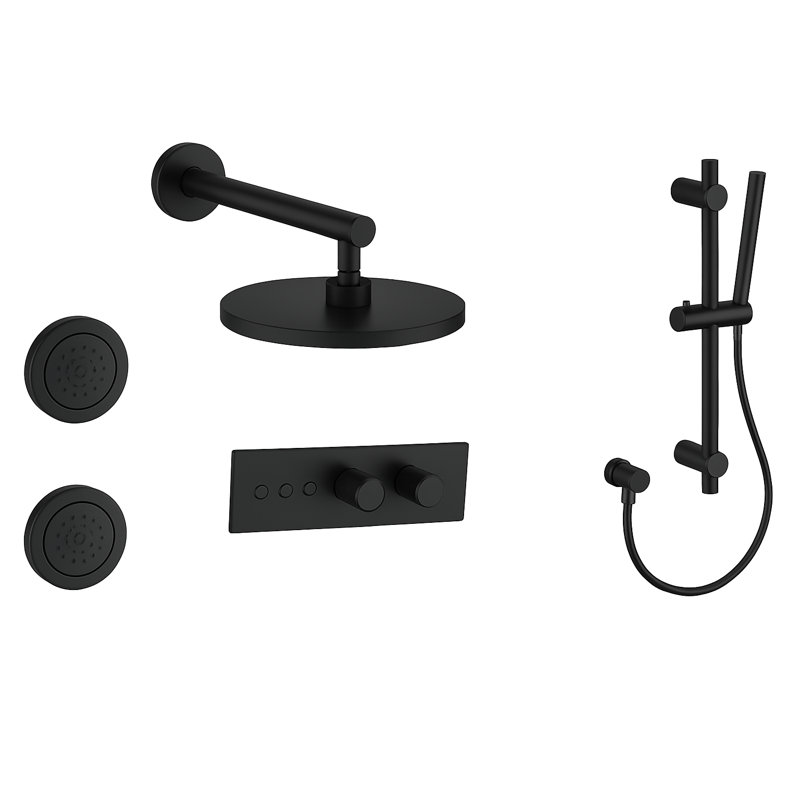 LineaBox Horizontal Round 3-Way Diverter Shower System with 8-Inch Rain Shower Head, Two Body Sprays and Hand Shower with Slide Bar, Valve Included