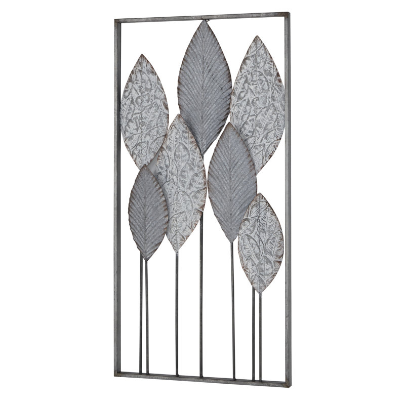 Metal Tall Cut-Out Leaf Gray Wall Decor with Intricate Laser Cut Designs, 36" H x 18" W x 2" D