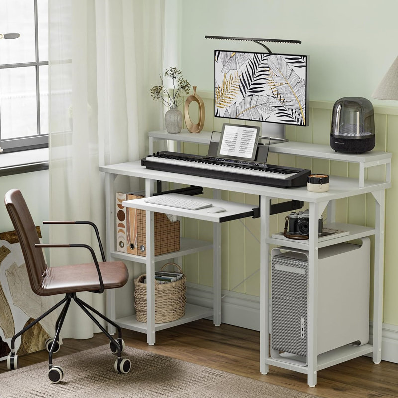 Office Desk With Monitor Stand And Storage Shelves, Computer Desk With Keyboard Tray, Gaming Desk
