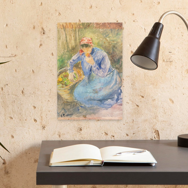 Paysanne en mer avec panier de pommes - Affiche murale abstraite contemporaine, H 18 po x l 12 po