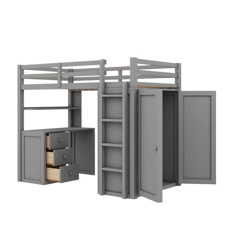 Lit mezzanine avec bureau à tiroirs et garde-robe intégrés, Simple, gris