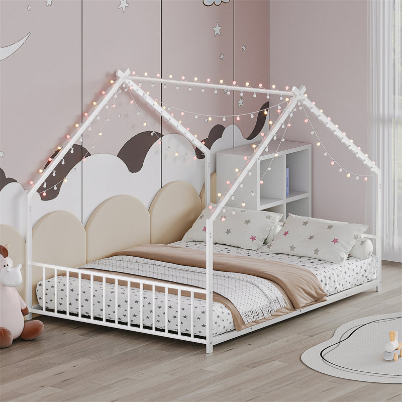 Structure de lit pour enfant pleine grandeur avec bandes lumineuses à DEL, structure de lit en fer sur le toit