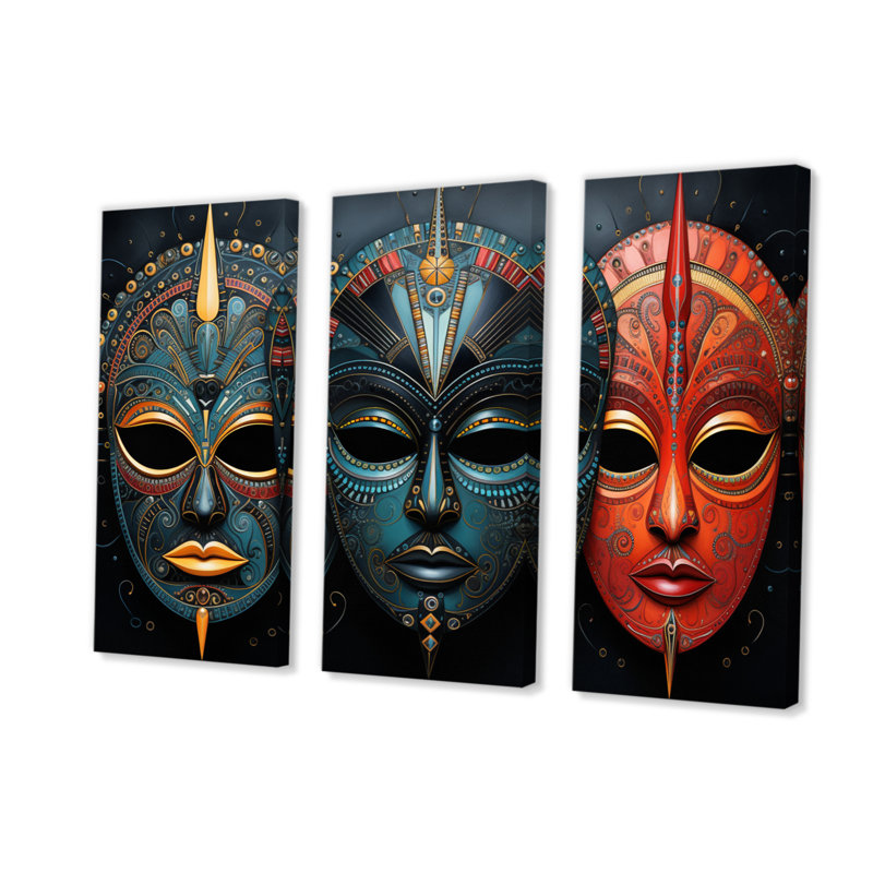 Masque africain rouge III sur toile, 3 pièces, H 32 po x l 48 po x P 1 po