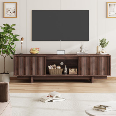 Meuble télé Farmhouse pour téléviseur de 65 po ou moins, meuble audio-vidéo en bois avec porte en forme de vague, style Mid-Century