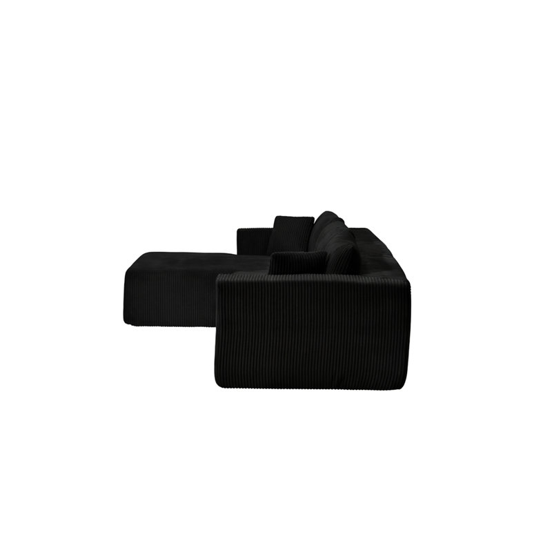 Canapé d'angle modulaire en velours côtelé noir 3 places, assise profonde de type nuage, méridienne moderne en forme de L, revêtement souple et insonorisé pour votre salon, aucun assemblage requis, grande durabilité.