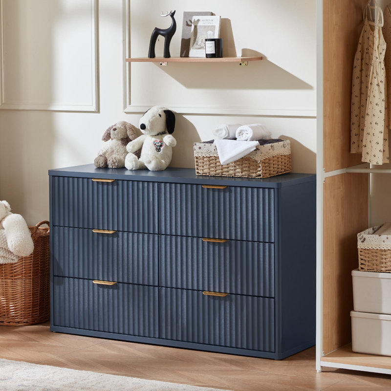 Commode 6 tiroirs en bois cannelé avec poignées en métal et rangement, Marine