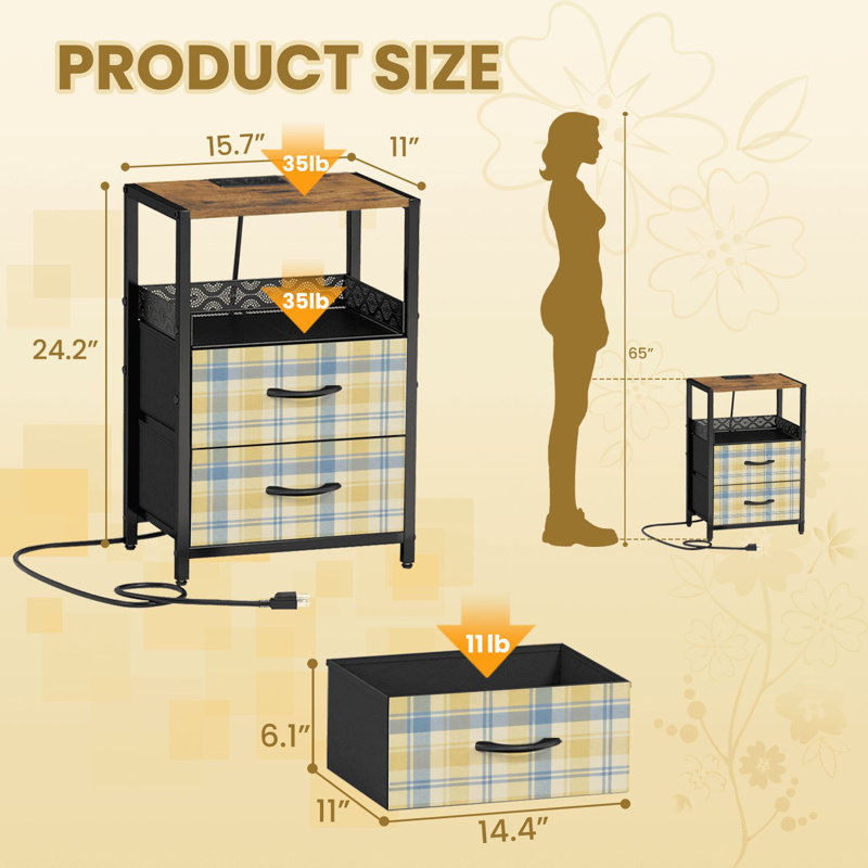  24.2" 2 - Drawer Nightstand Yellow Blue Plaid Soft Pastel Checkered Side Table with Charging Station Iron Frame Bedside Table