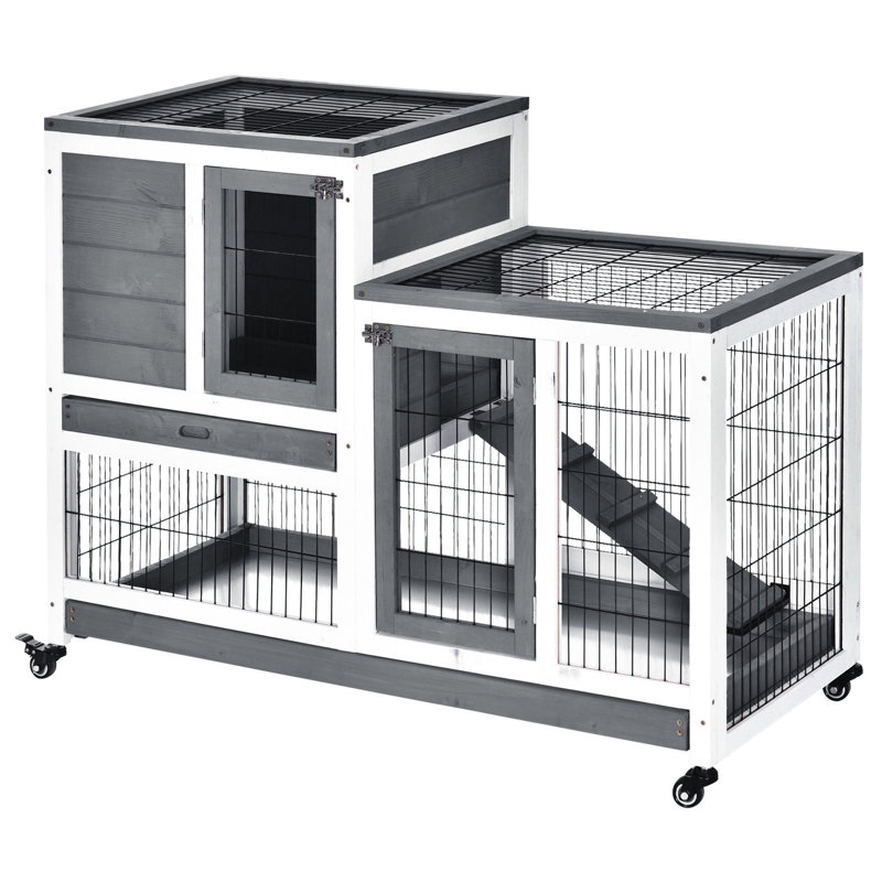 Maison pour animaux en bois avec roues et plateau de nettoyage amovible, zone de sieste hygiénique grise,