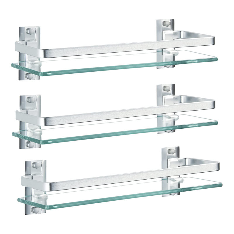 3 Pack Bathroom Glass Shelf,Aluminum Tempered Glass 0.34In Extra Thick Rectangular 1 Tier Storage Organizer Wall Mount,Silver 15.7In