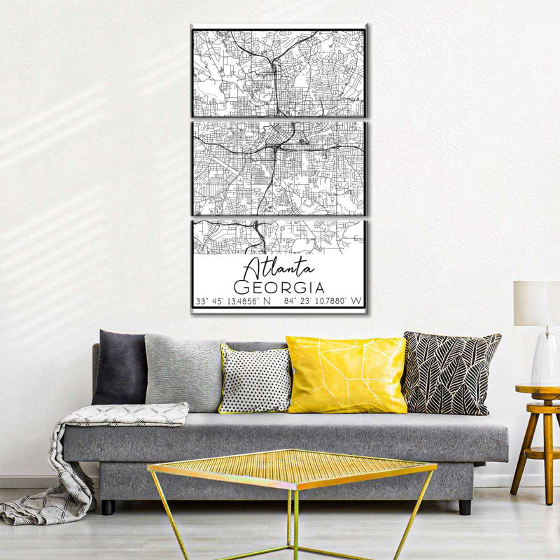 Carte de la ville d'Atlanta sur toile, 3 pièces, H 28 po x l 45 po x P 1,25 po