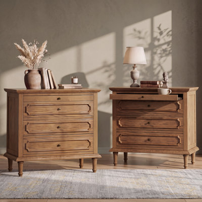 Vintage 28.3''W 3-Drawer Solid Wood Nightstand with Built-in Outlets and Pull-out Shelf, Fully Assembled(Set of 2)