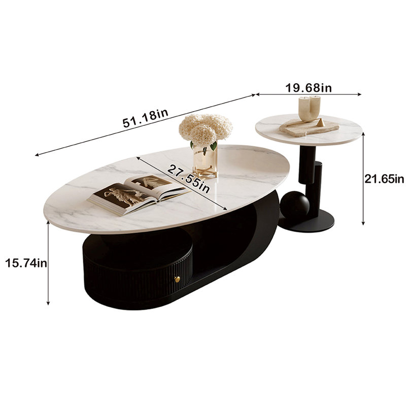 Tables gigognes à piédestal avec rangement, H 15,74 po x L 51,18 po x l 27,55 po, Blanc montagne enneigée