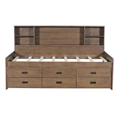 Lit de jour avec tête de lit avec bibliothèque Elodea, lit gigogne et trois tiroirs de rangement pour enfants, chambre à coucher, dortoir, chambre d'amis polyvalente ou maison