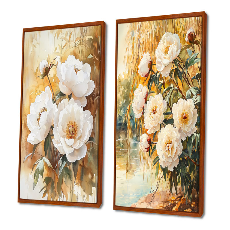 Pivoines par le saule d'automne III - art mural floral 2 pièces, H 28 po x l 25 po, Impression encadrée flottante, Brun