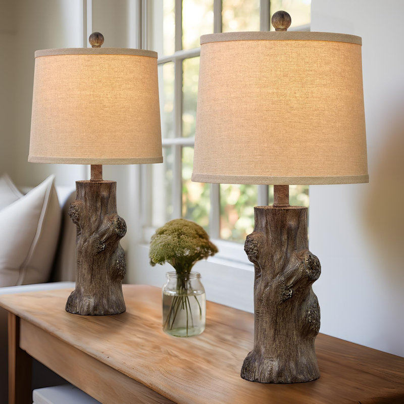 23"Resin Table Lamps For Living Room Set Of 2 Country Cottage Farmhouse Lamp For Bedroom Tree Trunk Wood Grain With Oatmeal Fabric Round Shade Vintage Rustic Traditional Nightstand Bedside Lamp
