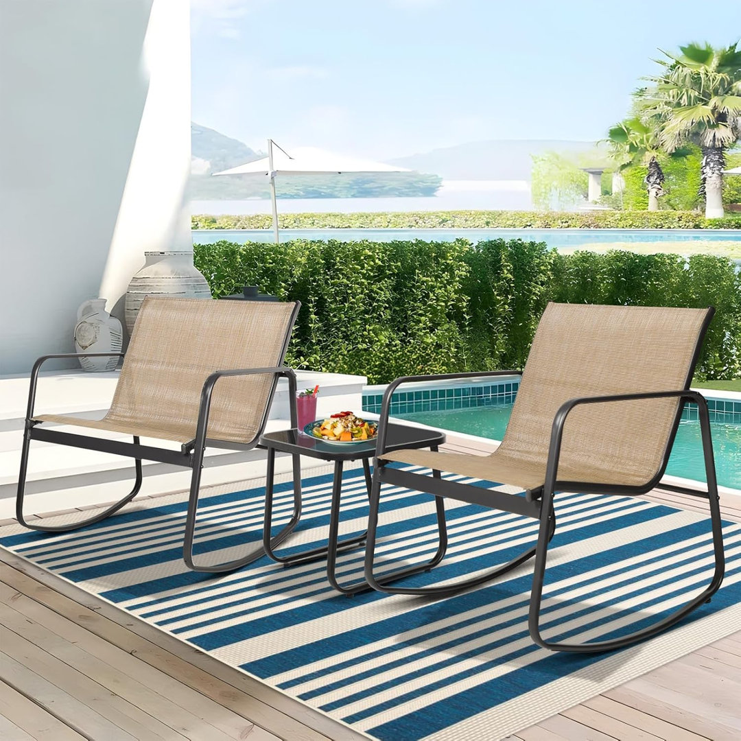 Tandeka 2 - Person Outdoor Seating Group with Rocking Chairs and Glass Coffee Table Ebern Designs Fabric 