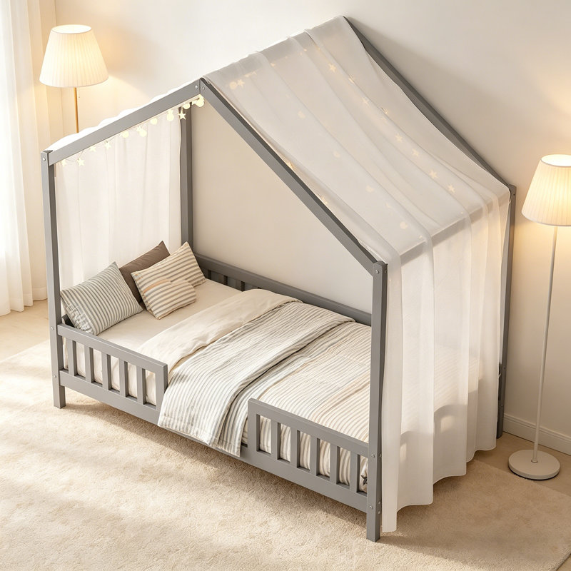 Lit de sol avec auvent Montessori, cadre de lit simple pour enfants, conception en forme de maison avec balustrades hautes et toit en bois