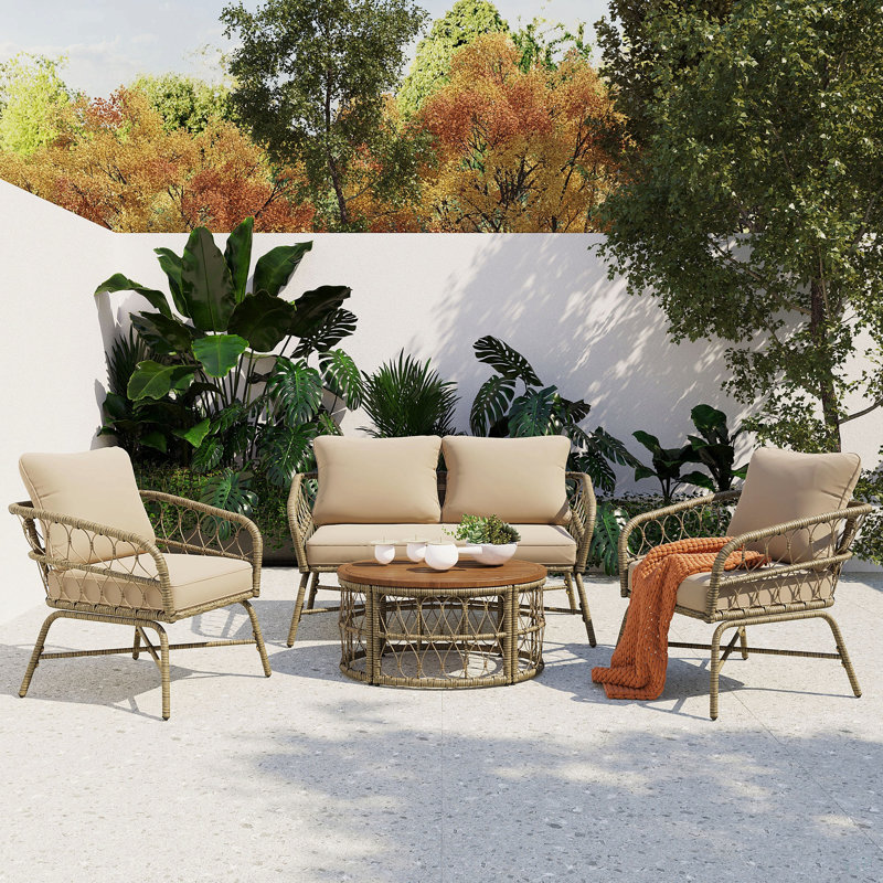 Ensemble de conversation d'extérieur 4 personnes d'inspiration bohémienne avec coussins amovibles, ensemble de conversation pour patio avec plateau en bois