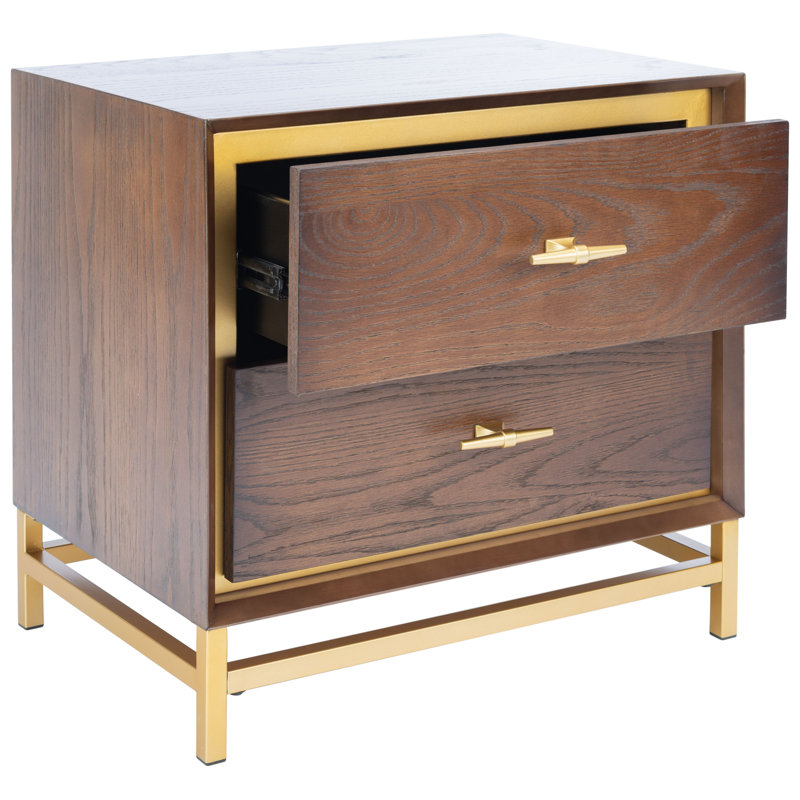 Élégante et moderne table de chevet de 23 po de largeur Xan - Design élégant de style Mid-Century avec base en laiton et deux tiroirs