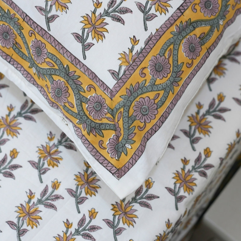 Fabdivine Pure Cotton Bedsheet Set Handcrafted Comfort with Matching Pillow Covers, Deepika, Mustard Floral, Twin Flat Sheet