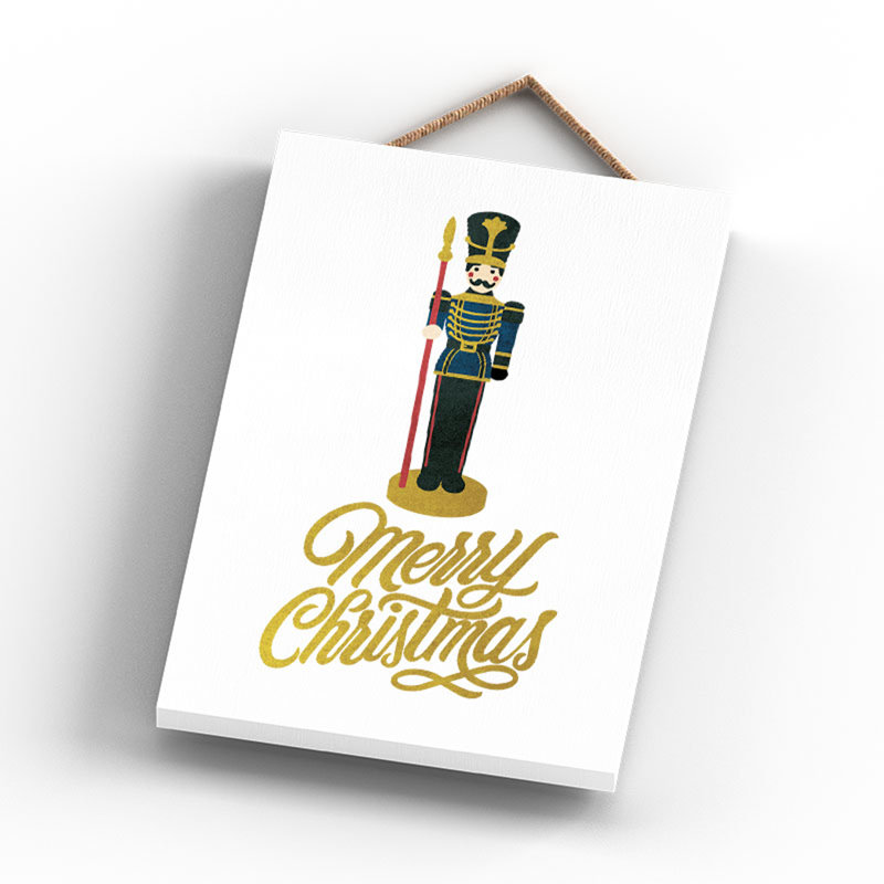 Xmas Merry Christmas Nutcracker Wooden Plaque, 18.5cm H x 12cm W x 0.9cm D, White/Yellow