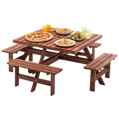 8-Person Square Wood Picnic Table Set With Built-In Benches & Umbrella Hole,Brown