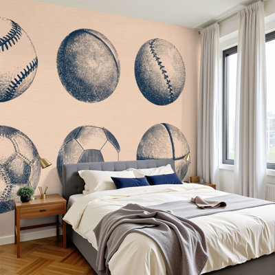 Peel and Stick Wallpaper Navy Blue Sports Basketball Soccer Football Sport Balls Man Cave Kids Wall Murals 100"H x 144"W Removable PVC Wall Paper Self-Adhesive Wall Decor for Bedroom Living Room  Boys Room