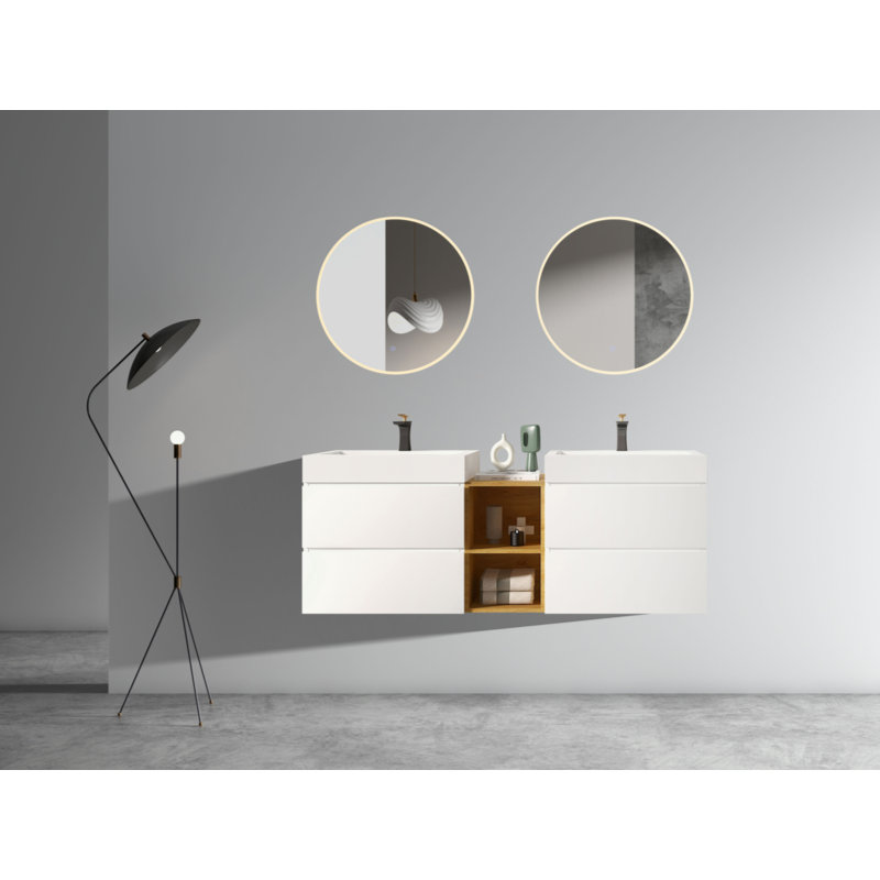 Meuble-lavabo blanc 60 po avec lavabo double et tablette ouverte, meuble-lavabo mural moderne flottant, lavabo une pièce sans bonde ni robinet