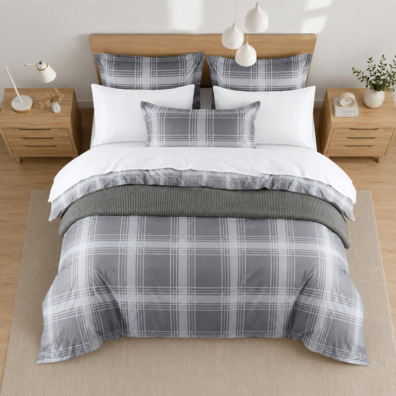Aspire Homeware Grey Check Duvet Cover Set, King (230cm Width X 220cm Length)