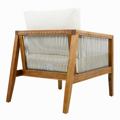 Chaises club d'extérieur (ensemble de 2), structure en bois d'acacia avec dossier en corde, coussins beiges hydrofuges pour patio / cour arrière / terrasse, finition teck