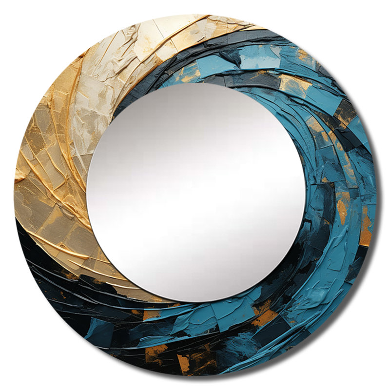 Or bleu minimaliste spirales poteries - grand miroir mural spirales abstraites, miroir décoratif rond doré, impression d'art en métal