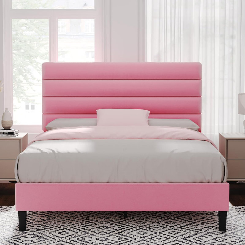 Cadre de lit avec tête de lit, cadre de lit plateforme avec tête de lit tapissier en velours, Grand, Rose