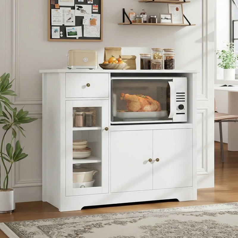 Garde-manger de 35,4 po de largeur, garde-manger avec placard, tiroir et cube pour micro-ondes, Blanc