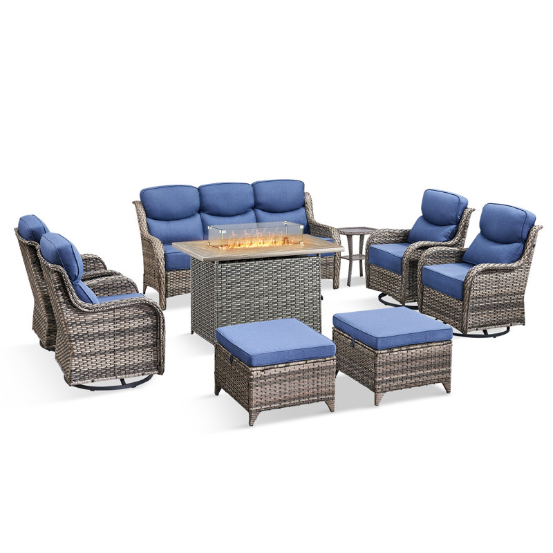 Prunier 9-Piece Outdoor Wicker Patio Conversation Set With Rectangle Fire Pit, 3-Seat Sofa, Ottomans, 4 Swivel Gliders And Side Table