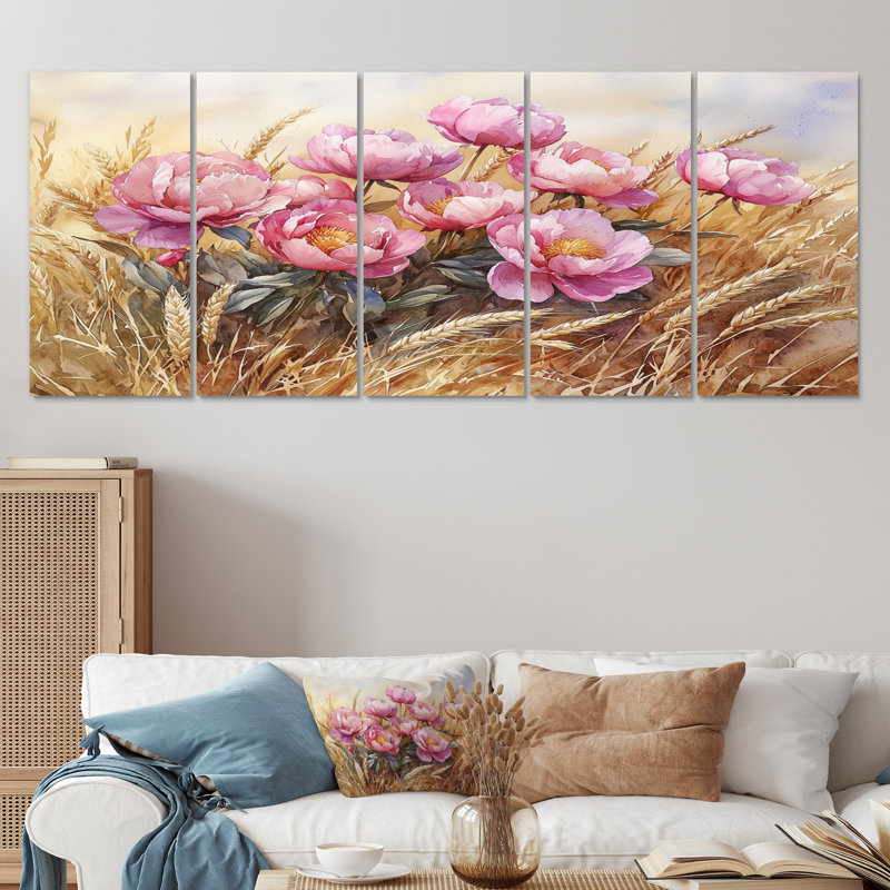 Pivoines dans le champ de blé II - In Art - Ensemble de décoration murale traditionnelle, H 28 po x l 60 po, 5