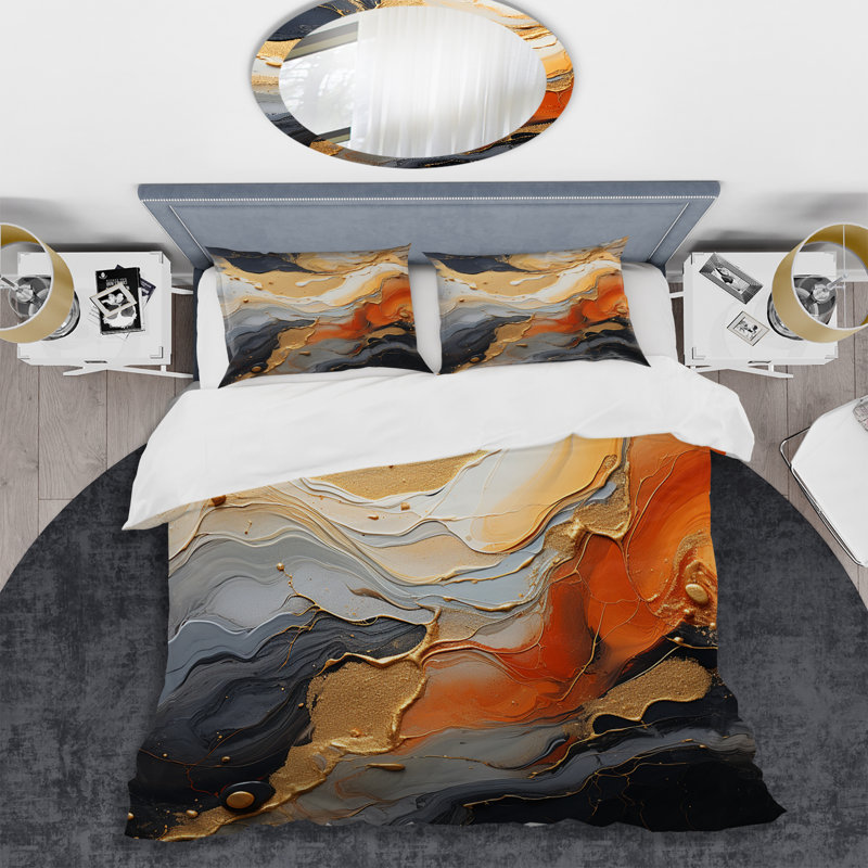 Ensemble de housse de couette Geode Lava II doré et blanc, Housse de couette pour grand lit