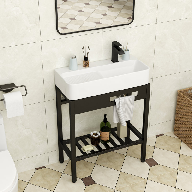 Lavabo de salle de bain console rectangulaire en céramique avec support à serviettes 28 po. 28 po.