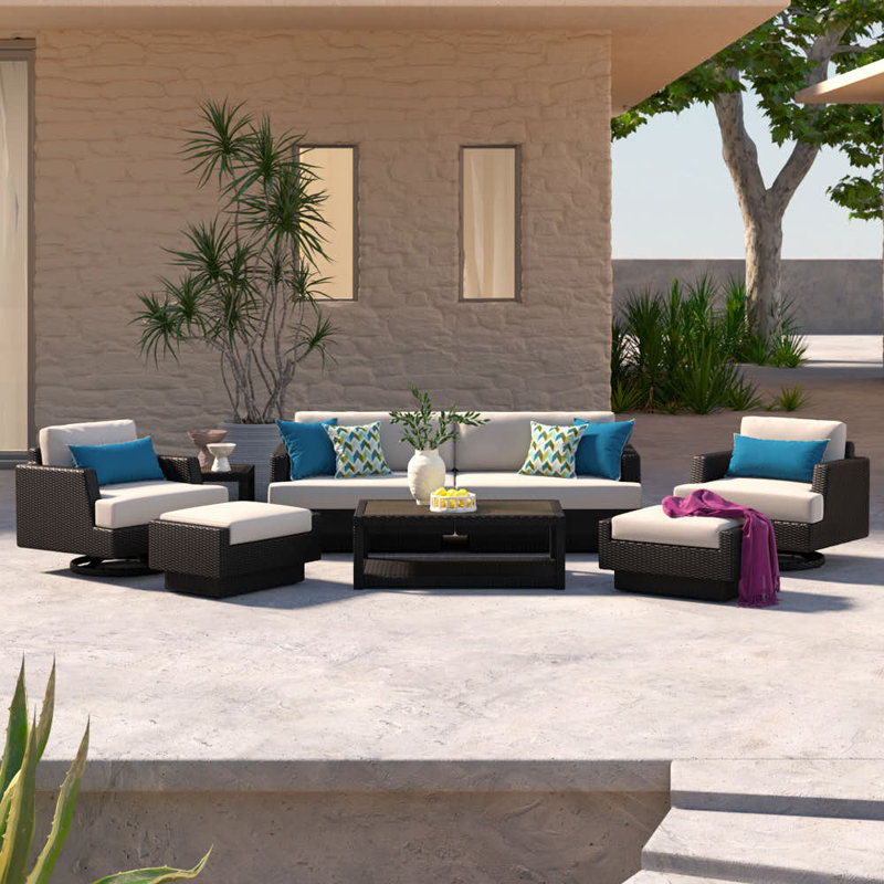 Ehrenfried 5 - Person Patio Conversation Set with Cushions, Dark  Brown Frame/ Dove Gray Cushion