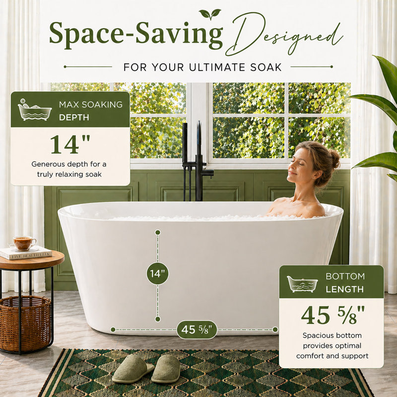 59'' x 27.5'' Freestanding Soaking Acrylic Bathtub With Side Drain,Reinforced Slim Apron Design, Brushed Nickel