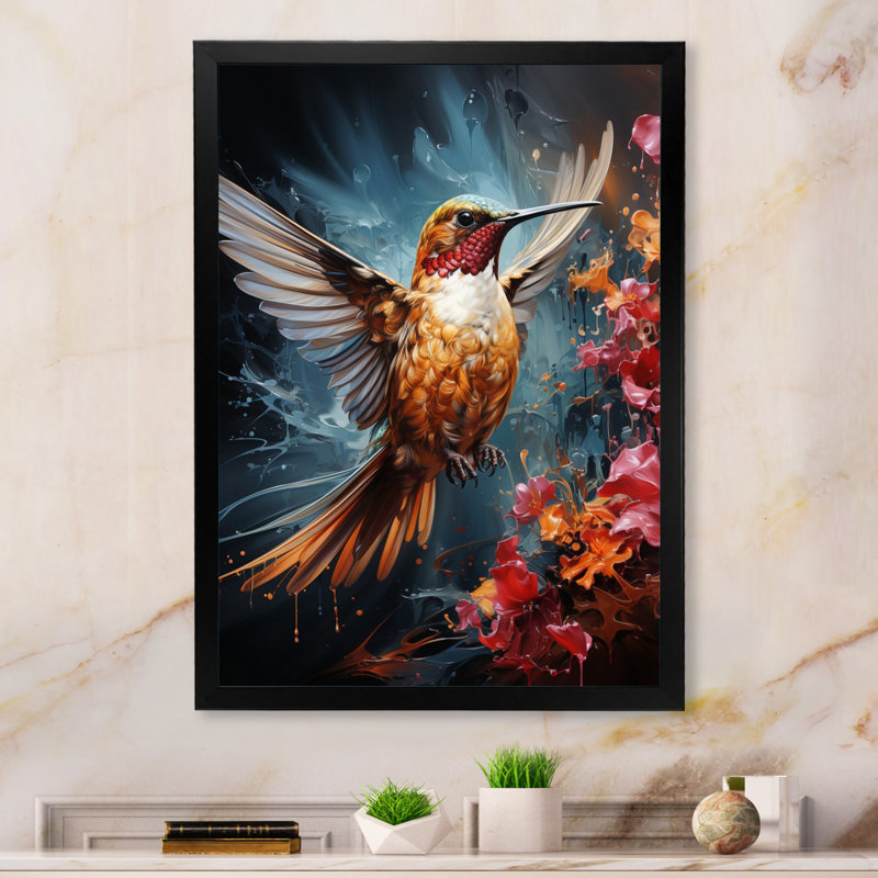 Gouttes colibri bleu sarcelle et colibri - imprimé, Cadre d'angle fermé noir, H 20 po x l 12 po x P 1 po