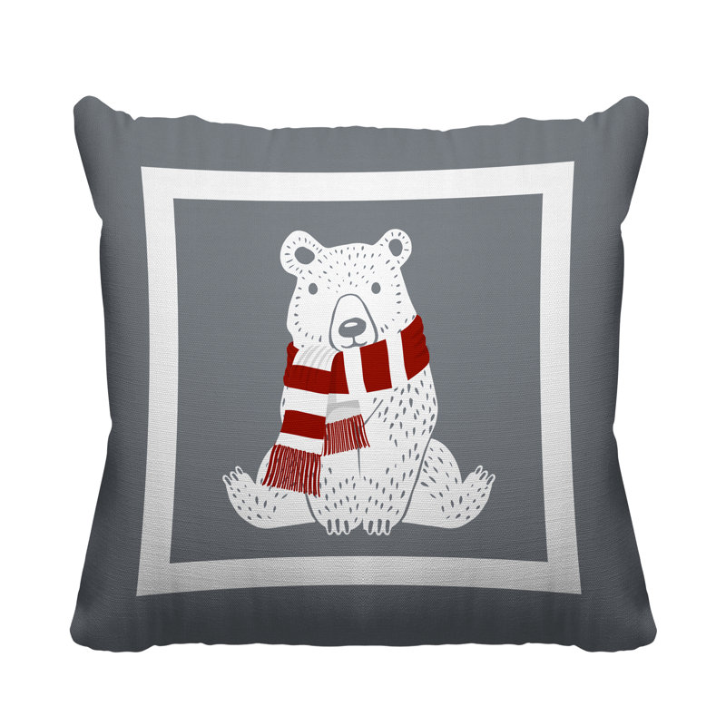 Coussin intérieur / extérieur Folk Christmas Bear, L 17 po x H 17 po, Gris