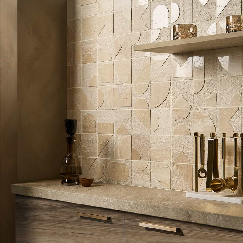 Trevino Carved 4x4 3D Unfilled Polished and Honed Travertine Stone Tile