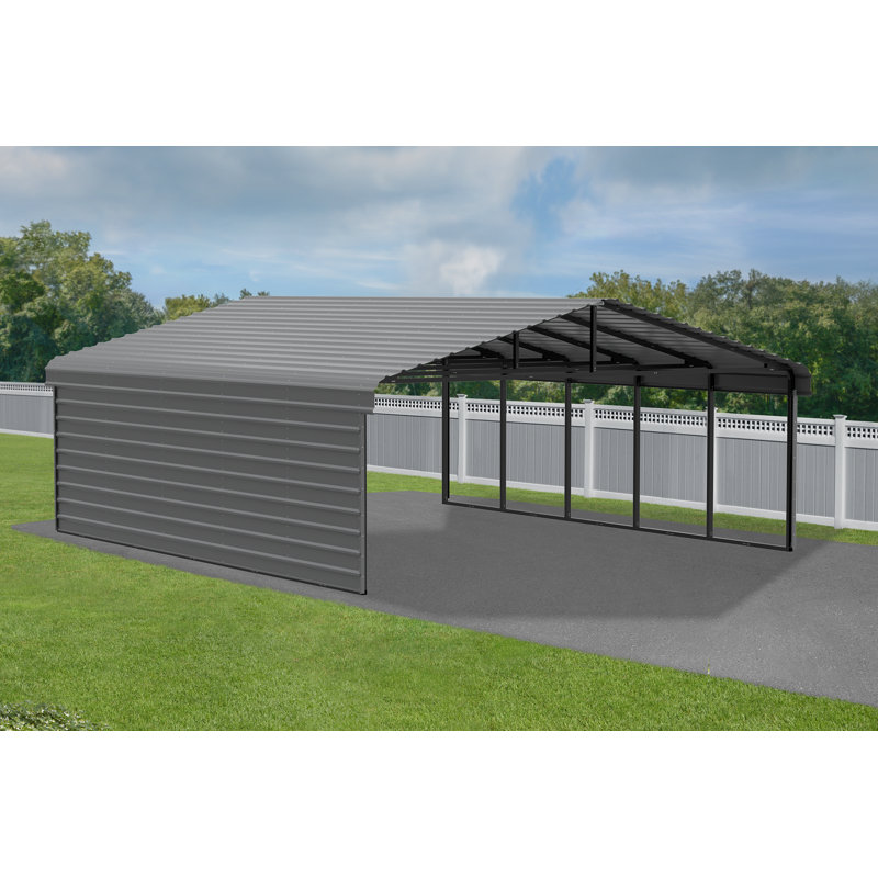 Charcoal Steel Carport Kit with 1-Sided Enclosure, 20' x 24'