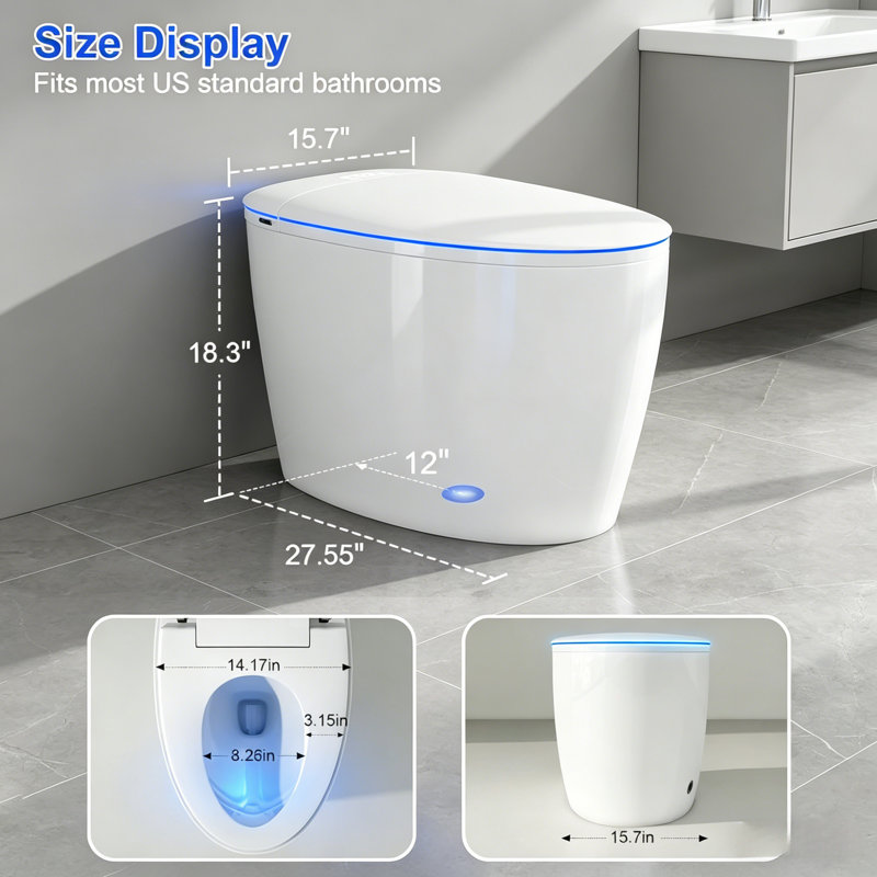 Smart Bidet Toilet With Auto Open/Close Lid, Auto Flush, Heated Seat, Foam Shield, Warm Wash & Dryer, Foot Sensor, Remote Control, LED Display & Night Light For Ultimate Bathroom Comfort