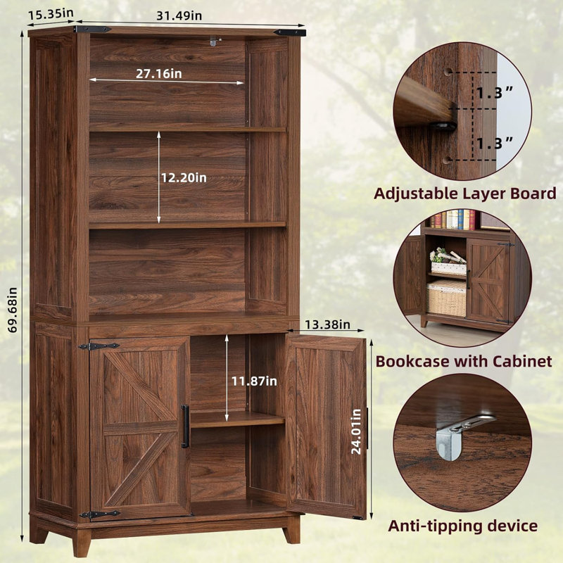 70in Tall Bookshelf 5 Tier Bookcase with Barn Doors and Adjustable Shelves, Farmhouse Book Shelf, Brown