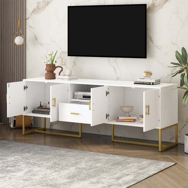 Console avec 1 tiroir, 2 armoires et pieds en métal, Blanc / Doré, Blanc