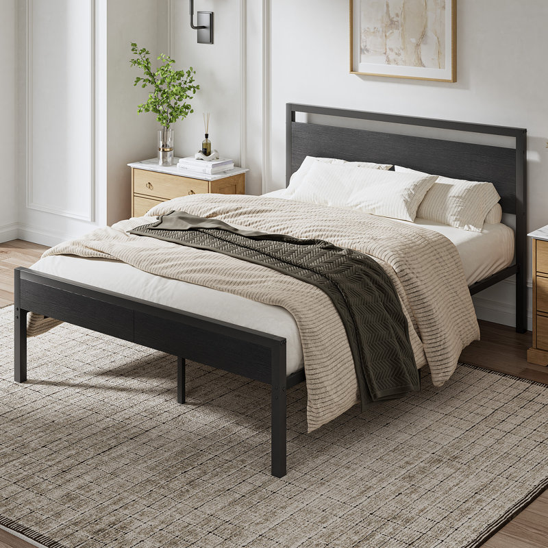 Carlisa Industrial Metal Platform Bed Frame with Headboard and Iron Slat Support, Q, Black