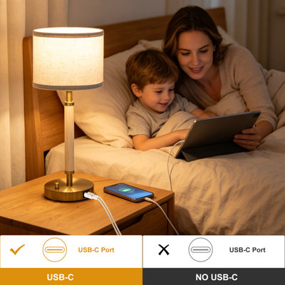 Lampe de table 21‑Pack en bois massif naturel, 3 températures de couleur, base en métal, abat-jour en lin, prise secteur intégrée, ports de chargement USB-A et USB-C
