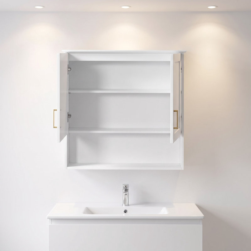 Armoire à pharmacie murale de 76 cm (30 pouces) avec tablette réglable, étagères ouvertes et charnières à fermeture douce – Rangement de salle de bain moderne avec détails sculptés
